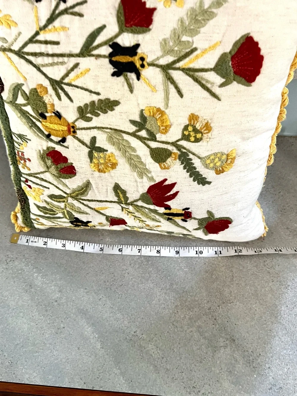 Pier 1 Embroidered Flora & Fauna Pillow Folk Art, Cottagecore ,Lovely,Size 14x14